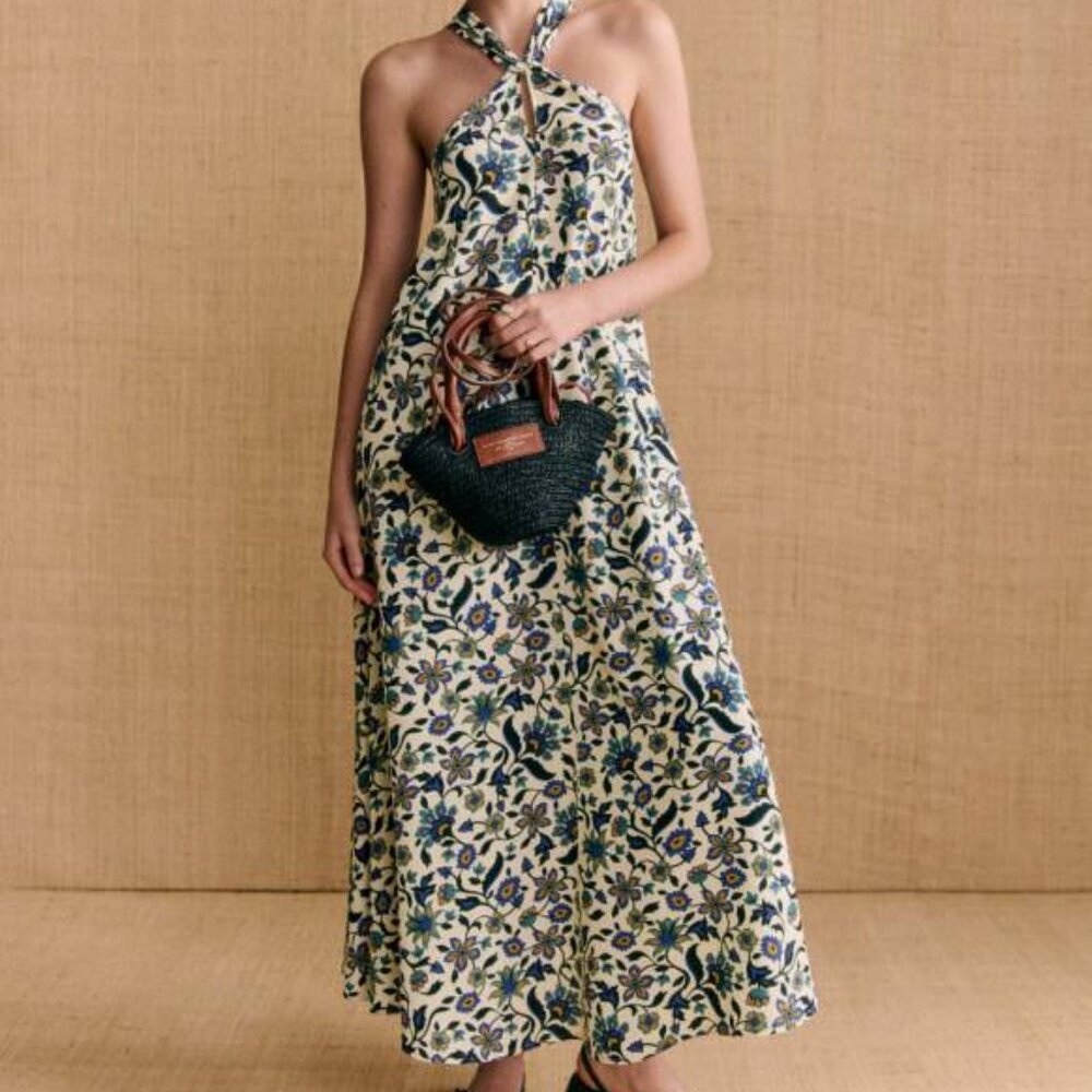 NEW SEZANE X MOMONI Women's Long Dress Rena Crossed Straps Size 4 White Blue